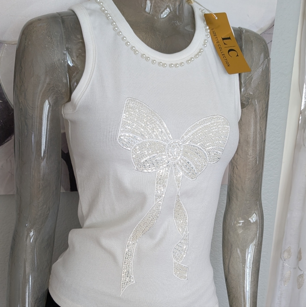 L/C Lizette Collection Faux Pearl / Crystal Embellished Ribbed Tank Large Nwt